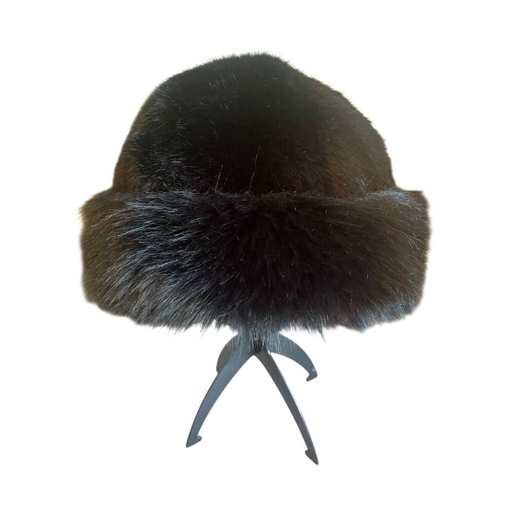 Black Faux Fur Wide Brim Winter Hat - Picture 3 of 6